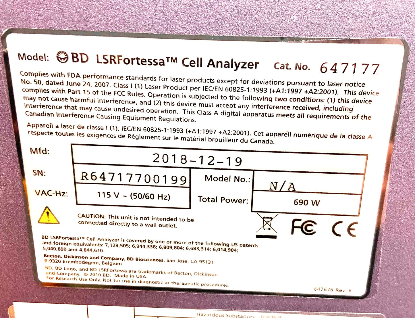 BD Biosciences LSRFortessa SORP Cell Analyzer 5 Lasers: Blue/Red/Violet/YellowGreen/UV Flow Cytometer